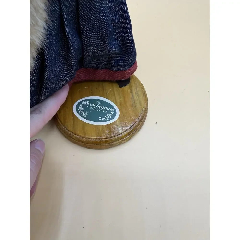 Boyds Bears Head Bean Collection Plush Bear Denim Dress Wood Stand 9” Display